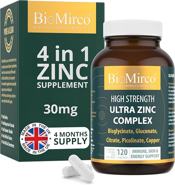 BioMirco Zinc Supplements 30mg High Strength 4-Form Complex - Picolinate Gluconate Citrate Bisglycinate with Copper - Vegan Capsules for Men and Women - 120 Capsules 4-Month Supply UK Made