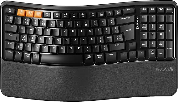ProtoArc EK02 Ergonomic Wireless Keyboard, Wave Keys, Black