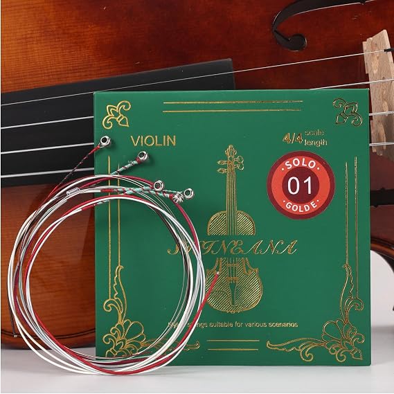 4/4 Violin Strings Medium Synthetic Core Silver Wound D & G Aluminum Wound A Gold E Rich Sound Enhanced Brilliance (Nylon Strings with Extra Gold E String)