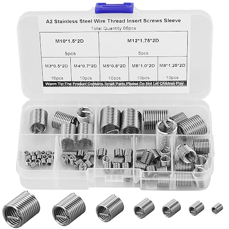 66 Pcs Self-Tapping Thread Inserts, Helicoil Thread Repair Insert, Thread Repair Kit, M3 M4 M5 M6 M8 M10 M12 Internal Thread Set for Metal Plastic Processing Industry