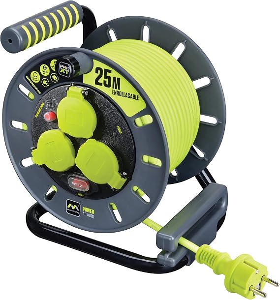 Masterplug Pro-XT 3 Way IP44 Cable Reel with Winding Handle, Thermal Switch and Power Switch, 25m High Visibility Cable