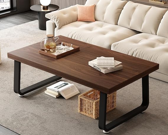 HSH Walnut Coffee Table, 55D×100W×46.5H cm, Rustic Industrial Wooden Coffee Table for Living Room Bedroom Office
