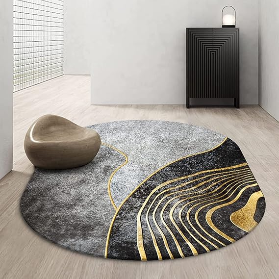 Oval Non-slip Washable Area Rugs Floor Mats, Grey Black Gold Light Luxury Soft Oval Anti-Slip Area Carpet Large Home Decorator Floor Carpet, 120 X 160 CM