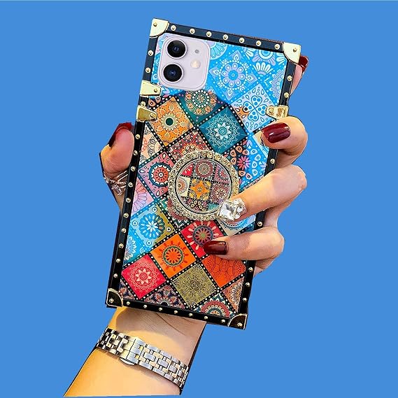 iPhone 12 Mini 5.4インチ用 レトロスキンデザイン TPU ゴールド 四角いコーナー保護バックケース ホルダー付き フォークスタイル2