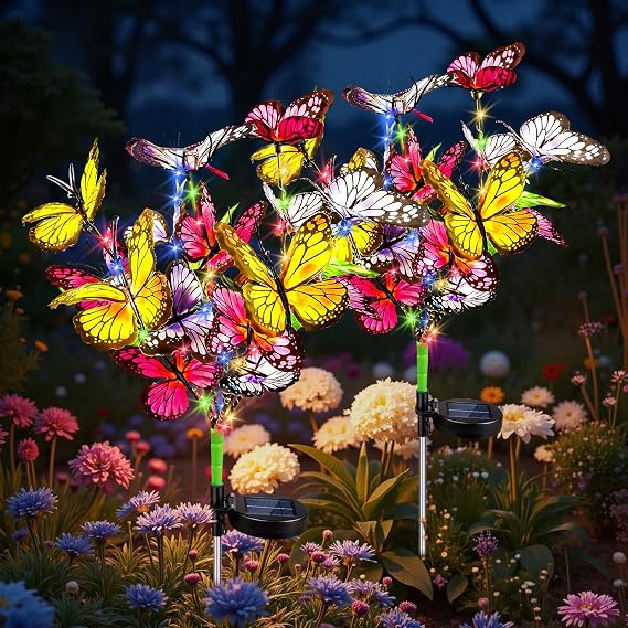 Butterfly Solar Lights Outdoor, 2 Pack Color Butterflies Solar Power Garden Lights Waterproof, LED Light with 2 Lighting Modes, for Garden Patio Yard Pathway Lawn Decorations
