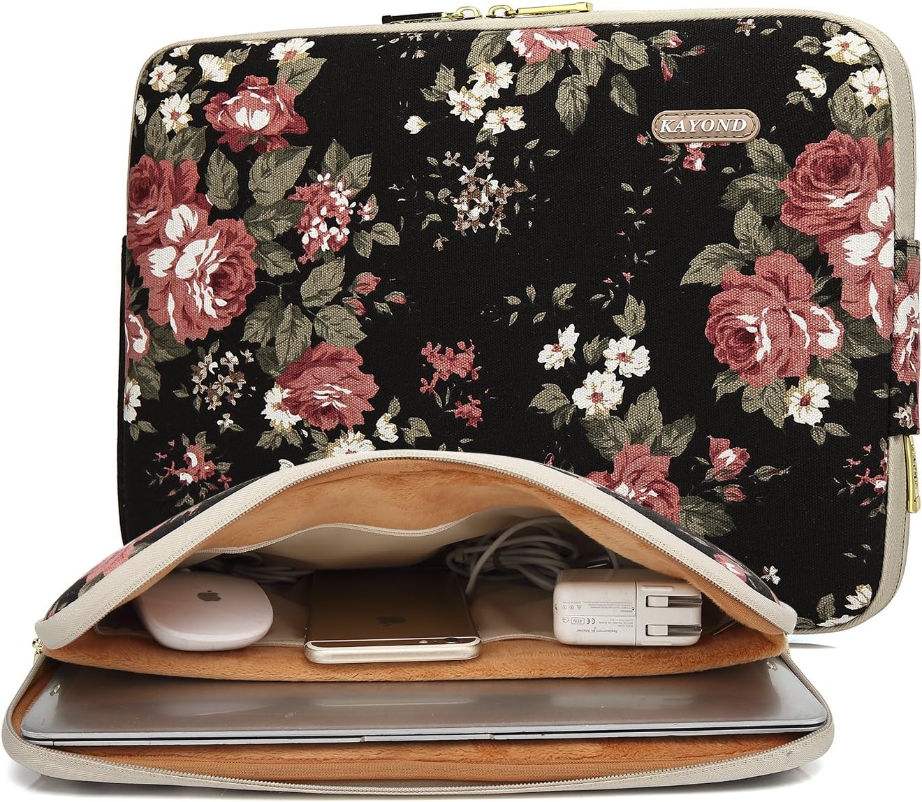 KAYOND Black chinese Rose Pattern Water-resistant 11 inch laptop sleeve with pocket for 11 inch laptop case macbook air 11.6 case macbook 12 sleeve surface pro 11-11.6 Inch, Black C Rose