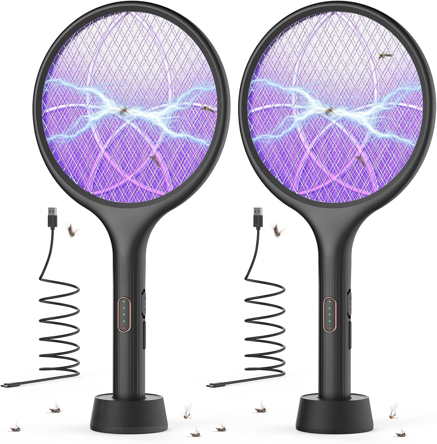 YISSVIC Electric Fly Swatter 4000V Bug Zapper Racket Mosquito Fly Killer 1500 mAh 3 Layers Mesh with USB C Cable Stand Base for Indoor Outdoor Black 2 Pack