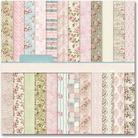24 Sheets Decorative Paper,Floral Scrapbook for Scrapbookers DIY Enthusiasts, for Photo Albums Drawing Embellishment Gift Wrapping Cards (24 Patterns,Pink,12in*12in)