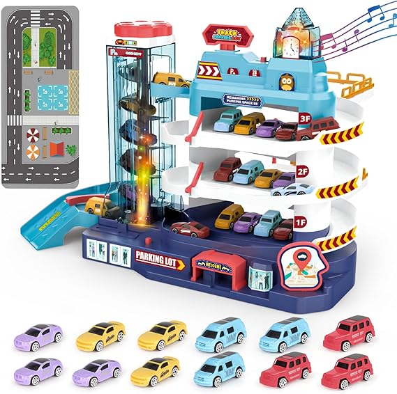deAO 3-Level Parking Garage Toy & Working Elevator, Light & Sound Effects
