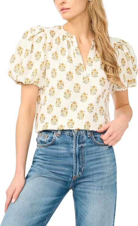 CeCe Women's Printed Short Puff Sleeve Blouse
