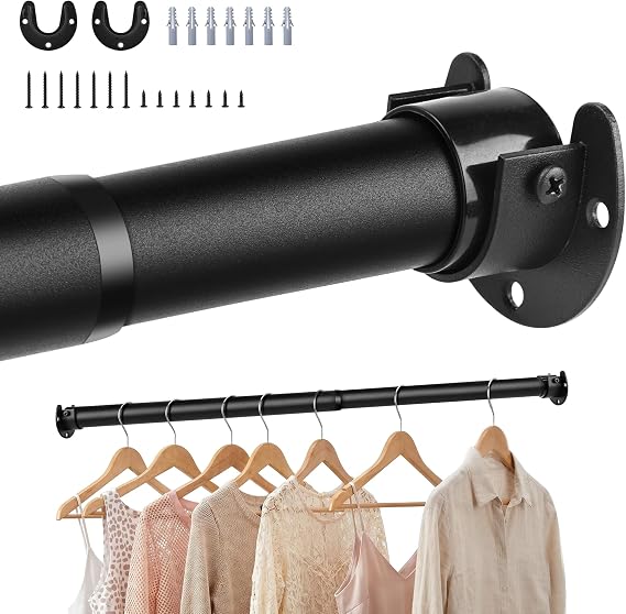 Wardrobe Rail,Extendable Clothes Rails, Stainless Steel adjustable wardrobe pole with Fixing Sockets and Screws for Wardrobe and Cupboard, Closet,Cloakroom, Black, 43-135cm(Diameter 32mm)
