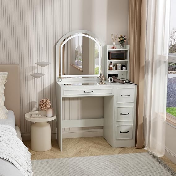 Makeup Vanity Desk with Mirror and Lights 3 Colors, Modern Dressing Table with Transparent Glass Tabletop, 4 Drawers, 3 Storage Shelves, Power Outlet, Vanity Table for Bedroom, Bathroom