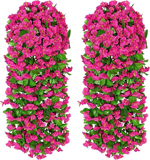 2PCS Artificial Hanging Flowers Fake Flowers Trailing Plants Faux Silk Morning Glory Vines UV-Resistant Fake Hanging Plants for Outside Home Indoor Porch Patio Balcony(Fuchsia,82CM)