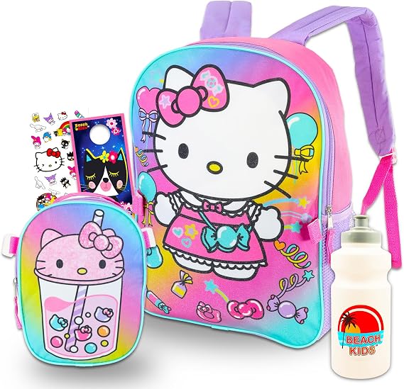 Hello Kitty Backpack Boba for Girls - Bundle with 16” Backpack, Sticker, Bottle, More School Supplies