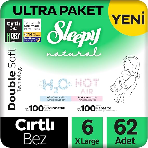Sleepy Natural Double Soft Ultra Paket Bebek Bezi 6 Numara Xlarge 62 Adet