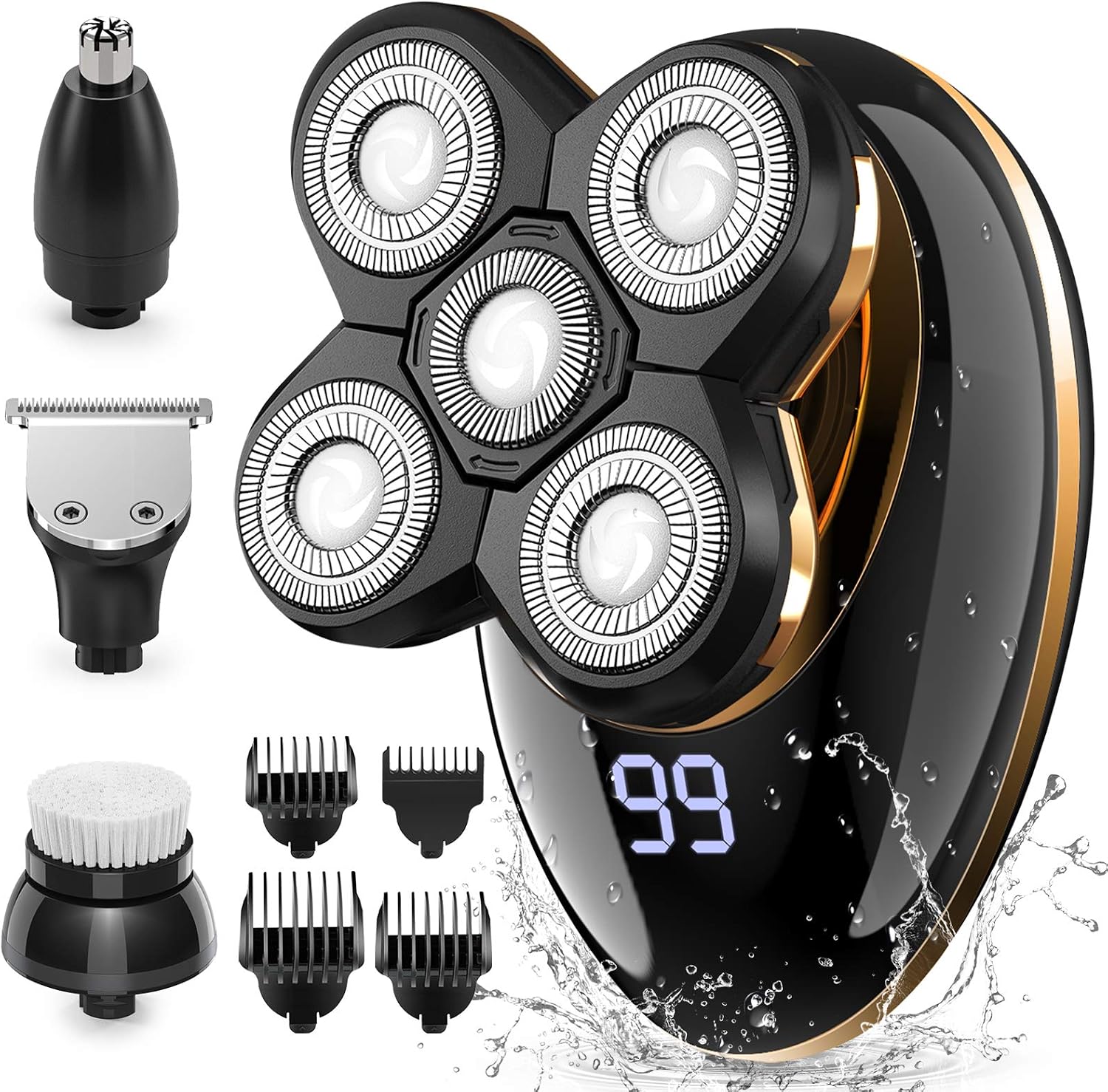 Head Shaver,Electric Razors for Bald Men , Rotary Cordless Shavers Nose Hair Beard Trimmer Clippers Facial Cleansing Brush Waterproof USB Rechargeable Men Grooming Kit with 5D Floating with LED Display