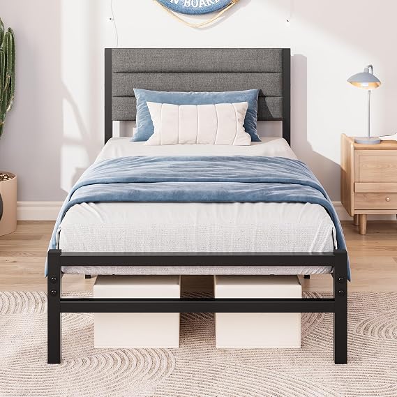 Single Bed Frame with Upholstered Headboard,Heavy Duty Metal Bed Frame Single with Storage Steel Slats Support,Ample Storage Underbed,No Box Spring Needed &Easy Assembly, Noise Free,Gray Bed