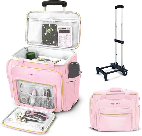 Rolling Teacher Bag with Wheels - Large Tote for Work with Detachable Wheels - Rolling Craft Bag & Sewing Machine Case - Water Resistance Craft Storage Organizer - Pink