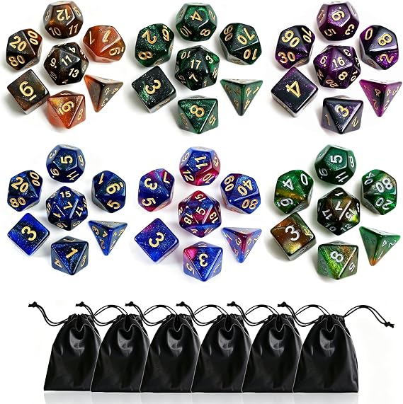 Polyhedral DND Dice Set-6 Pack Double-Colors Nebula Dice Sets Compatible with Dungeons and Dragons D&D Role Playing Game RPG Games Dice with D4 D6 D8 D10 D% D12 D20 (6 Glitter Dices)
