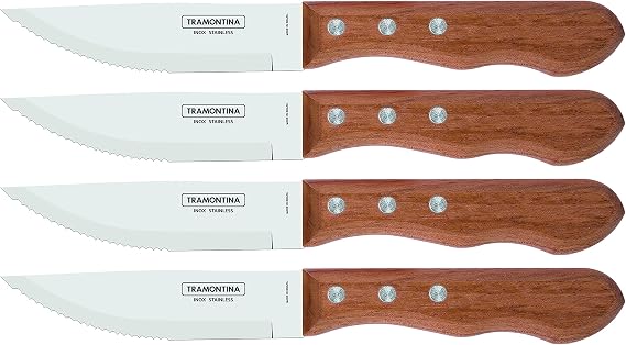 Tramontina - Dynamic Stainless Steel Meat Knife Set with Natural Wood Handles Rivet Utensils 4 Pieces