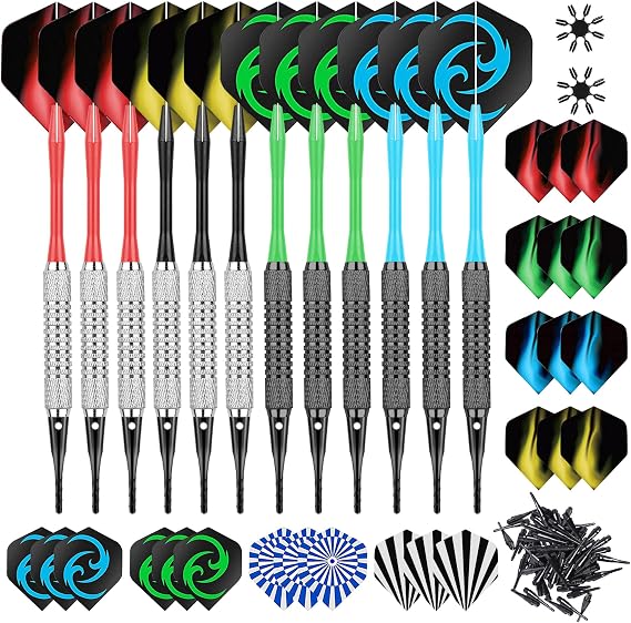 12 Plastic Tip Darts for Electronic Dartboards, Professional Electronic Dartboard Darts + 24 8 Pattern Feathers+50 Tips+2 Feather Protectors, Plastic Darts