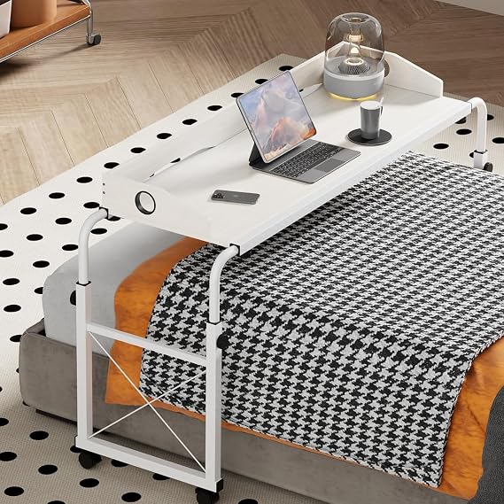 Overbed Table with Wheels, Overbed Desk with Adjustable Length and Height, Rolling Over Bed Desk, King Queen Over The Bed Table on Wheels