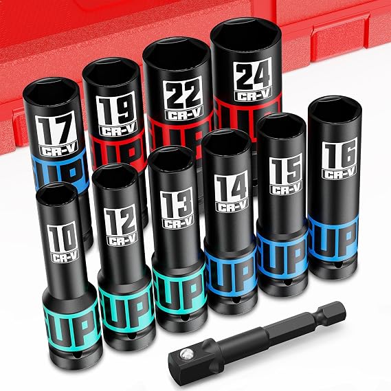 11-Piece Impact Wrench Nut Set Power Sockets 1/2 Inch 10 mm - 24 mm Impact Socket Set Long Nuts with 1/4 Inch to 1/2 Inch Socket Adapter for Car Repairs Tyre Change