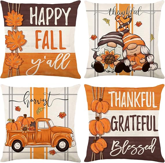 Fall Throw Pillow Covers 18x18 inch Set of 4, Farmhouse Gnomes Thankful Grateful Cushion Case for Sofa Couch, Autumn Thanksgiving Decor