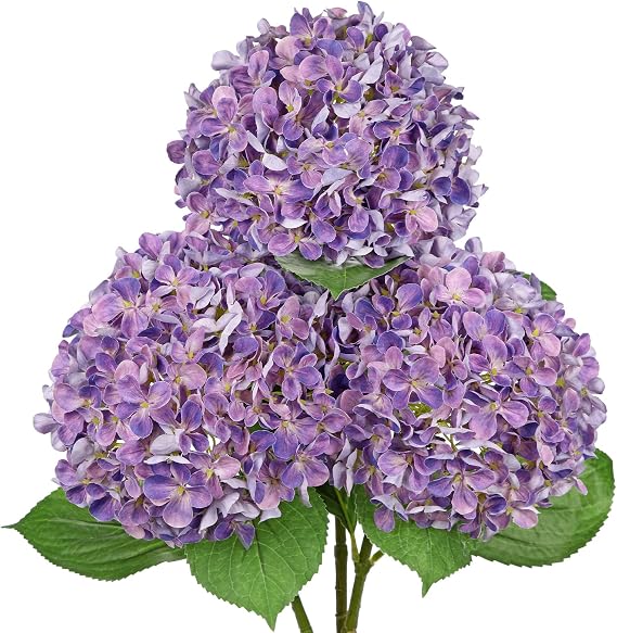 3PCS Artificial Hydrangea Flowers 26.3" Long Stem Purple Hydrangea Artificial Flowers Realistic Faux Hydrangeas with 6.6" Large Bloom Fake Silk Flower for Home Wedding Table Centerpiece Decor