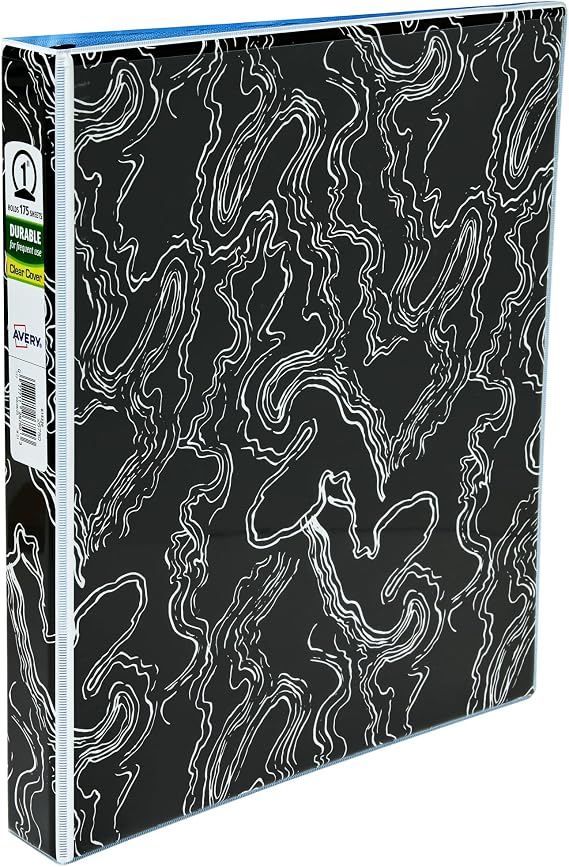 Avery Durable View 3 Ring Binder, 1 Inch Round Rings, Black and White Marble Waves, 1 Fashion Binder (26743)