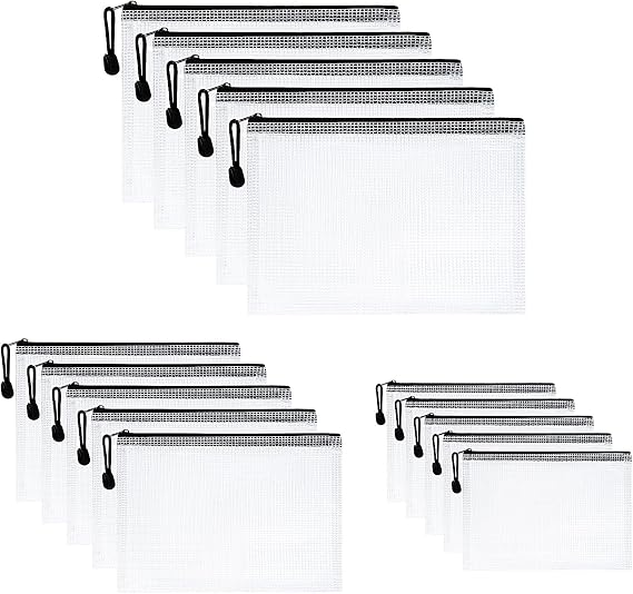 Vicloon Plastic Wallets, 15Pcs A3 A4 A5 Plastic Pockets Zipper File Wallet, Zip Lock Bags Mesh Document Wallet Document Folders for School Office Homework Travel Storage Bags (Black Zipper)