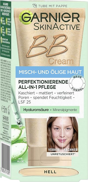 Garnier SkinActive BB Cream All-in-1 Day Cream with Hyaluronic Acid and Aloe Vera, for Combination and Oily Skin, SPF 25, Bright, 50ml
