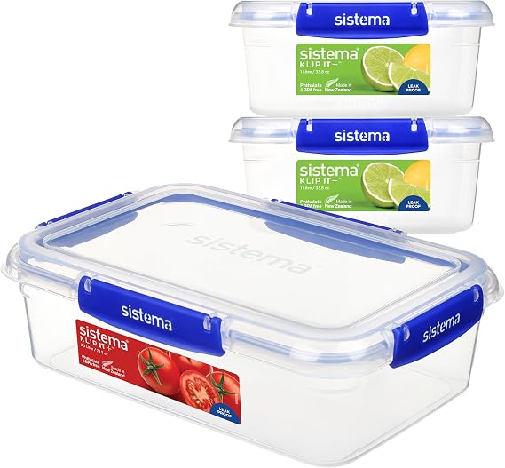 Sistema KLIP IT PLUS Leakproof Food Storage Containers | 2 x 1L & 2.2 L | AirtightStackable & Nestable Meal Prep Containers with Lids | School Lunch Boxes | BPA-Free | 3 Count