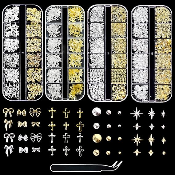 3D Nail Charms, 4 Boxes Nail Gems Gold Silver Rhinestones for Nails with Tweezers, Charms Y2K for Nails, Assorted Styles Bows Stars Pearls Cross Nail Charms for Women Girls Nails Art DIY Accessories