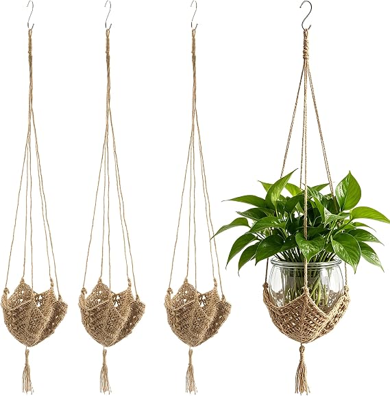 FUNSUEI 4 Pack Macrame Jute Plant Hanger, Hanging Planter Basket