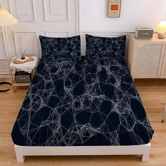 Grid Single Fitted Sheet Lines Bed Sheets Deep Pocket 12 inch (30 cm) Soft Cozy 3 Piece Microfibre Bed Sheet 90x190 cm with 2 Pillowcases 50x75 cm