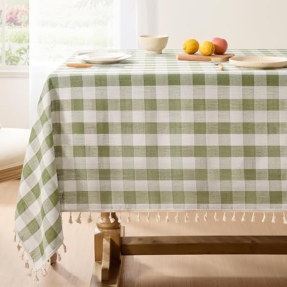 Softalker Gingham Tablecloth Green Tassel Table Cloth Rectangle 140x200 cm