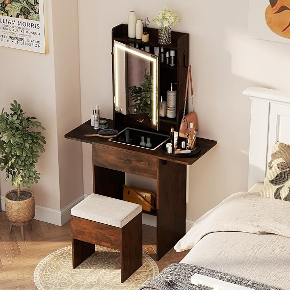 COSTWAY Small Dressing Table with 3-Color LED Lights Mirror and Stool, Drop-Leaf Makeup Table Vanity Desk with Charging Station, Fold-up Panel, Glass Top, Cabinet & Drawer for Bedroom (Rustic Brown)