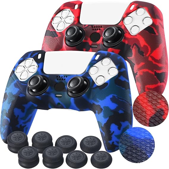 Yorha Studded Print Silicone Case Cover Skin Case for PS5 Controller x 2 (Red + Blue) with Pro Thumb Grips x 10