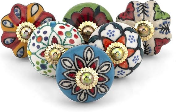Craft Trade Assorted Door Cabinet Knobs Boho Antique Ceramic Door Knobs Dresser Drawer Pulls Hardware Knobs for Kitchen Furniture Brass and Cupboard - Pack of 6