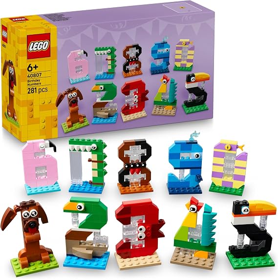 LEGO Doğum Günü Rakamları 40807 – 6 Yaş Üzeri Çocuklar için Hayvanlı Masa ve Köpek, Ördek, Yengeç, Horoz, Flamingo ve Timsah Pasta Süsleri İçeren Oyuncak Yapım Seti, Eğitici Hediye Fikri (281 Parça)