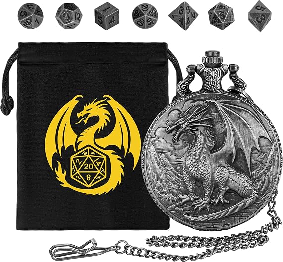 Mini DND Dice Set with Dragon Pocket Watch Case, DND Gifts for RPG Player