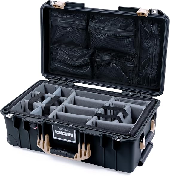 Pelican Air 1535 Carry-on Case by ColorCase - Black - Medium Size Waterproof Case with Gray Padded Microfiber Dividers & Mesh Lid Organizer - Desert Tan Handles & Latches
