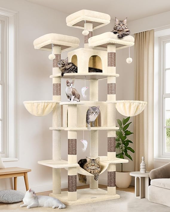 Globlazer Scratcher for Large Cats Beige, Castle Cat Tall 204 cm with 3 Padded Hangers, 2 Nests, 2 Basket, Hammock, Tree Scratcher for Multiple Cats Adults Rest Play (F80, Beige)