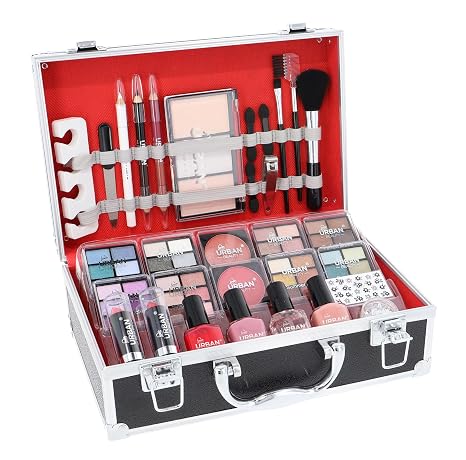 Love Urban Beauty Vegan French Manicure Makeup Box - 76-Piece Makeup Set - Includes Eyeshadow Highlighter Lipstick Blush Brush Manicure Accessories - Ideal Vanity Case for Home