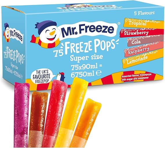 Mr Freeze Super Size Freeze Pops 75 x 90ml - 5 Ice Lollies Flavours Tropical, Strawberry, Cola, Raspberry & Lemonade - Natural Colours, Preservative Free Ice Pops - Vegan, 14 Calories Each