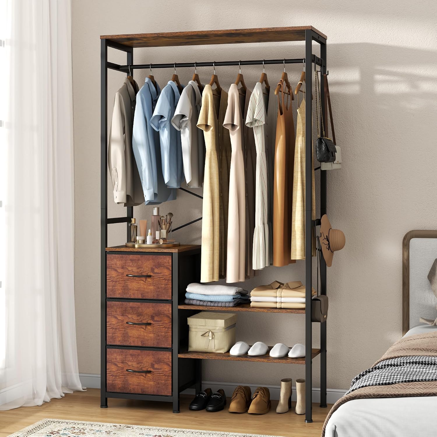 Gyfimoie Open Wardrobe, Heavy Duty Clothes Rack whith 3 Fabic Drawers, Clothes Rail with Hanging Rail & Open Shelves for, Freestanding Garment Rack with Hook for Bedroom, Hallway, Entryway