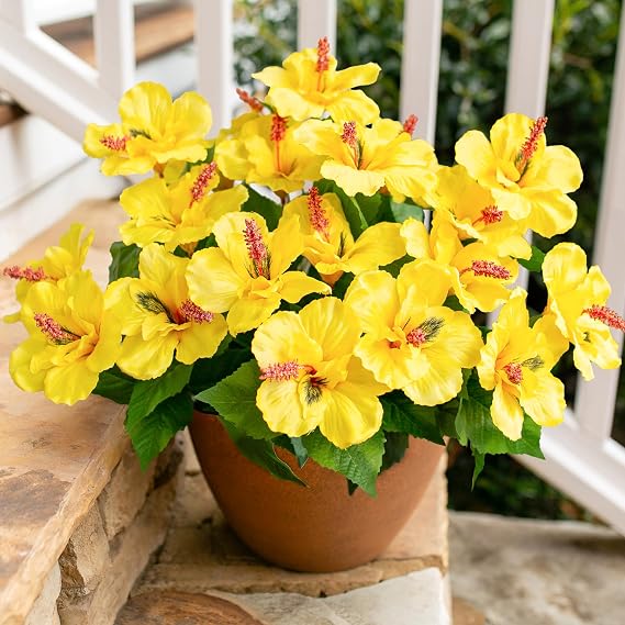 HyeFlora Artificial Hibiscus Flowers for Outdoors Faux Plant Spring Decor, 4 Bundles Fake Tropical Flowers UV Resistant Realistic Outdoor Silk Flower for Outside Planter Porch Patio Garden Window Home
