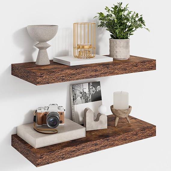 Floating Shelves Set of 2, 40cm Floating Shelf, Rustic Brown Wall Shelves