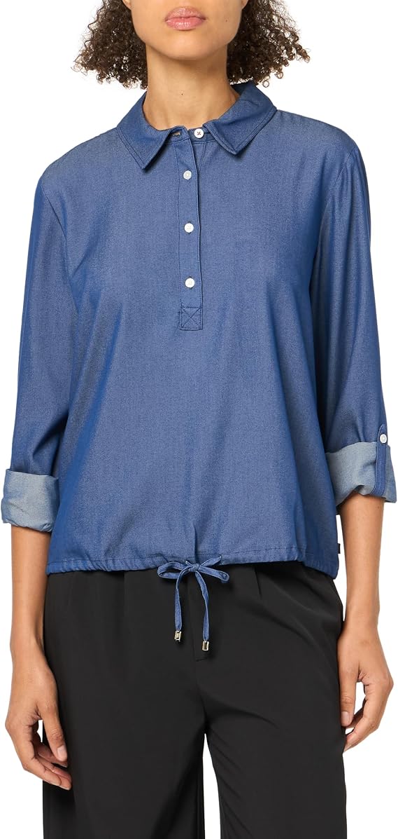 Tommy Hilfiger Women's Collared Tie Hem Popover Shirt, Blue/White, Small